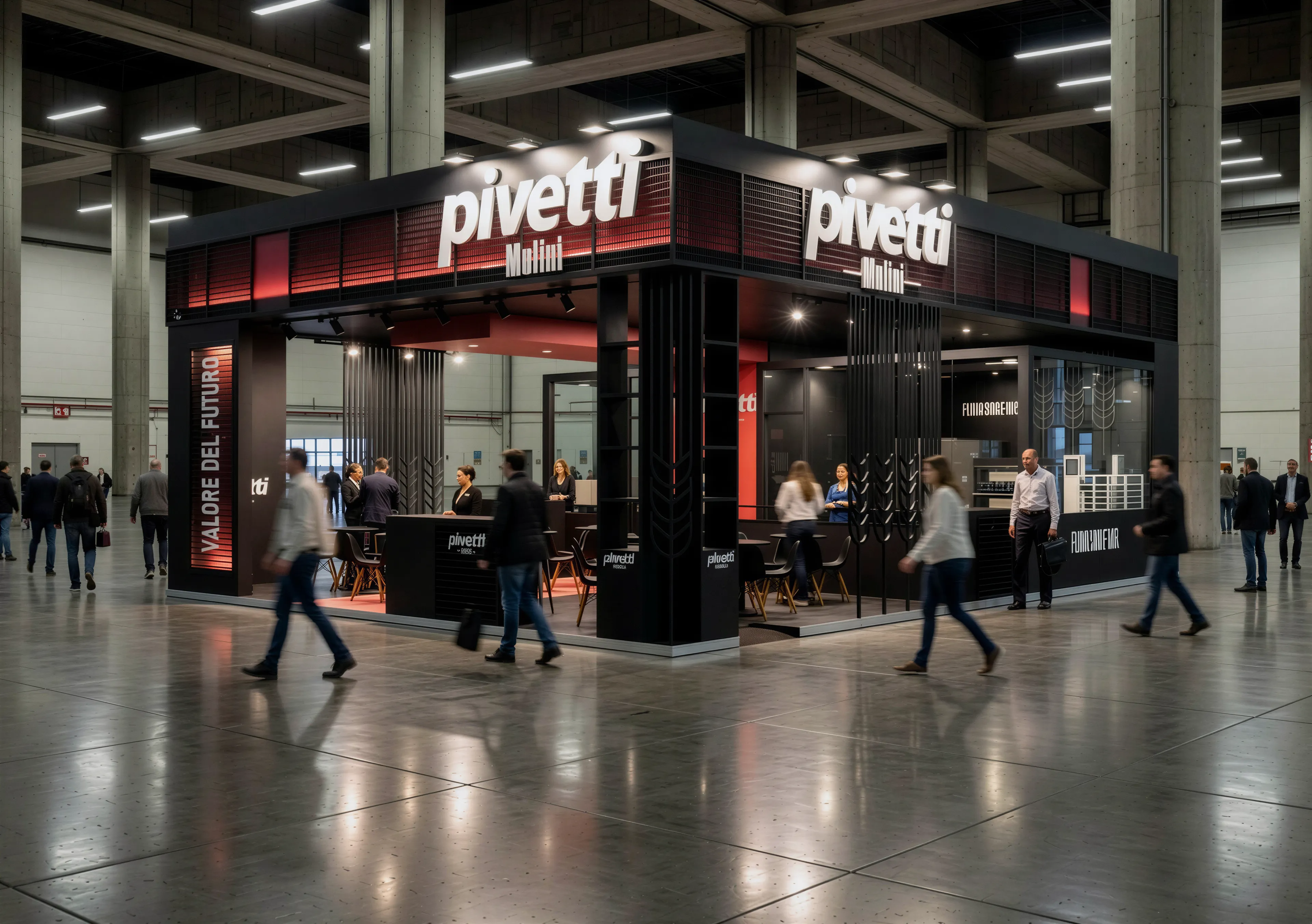 Allestimento stand Molini Pivetti nero e rosa con struttura a portale e appendimento con griglia retroilluminata